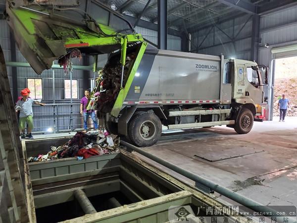 垃圾运输车将城市垃圾倒入生活垃圾无害化处理设施.